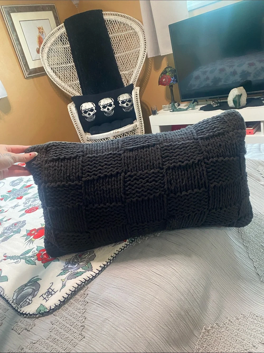 Black Knit Basketweave Lumbar Pillow woven boho